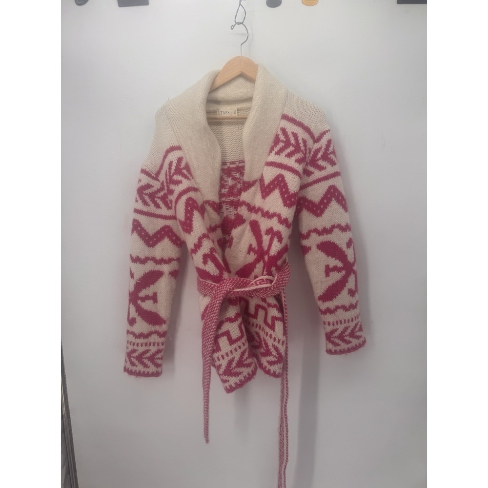 TAES Women Medium Pink Cream Aztec Southwestern Belted Chunky Knit Cardigan